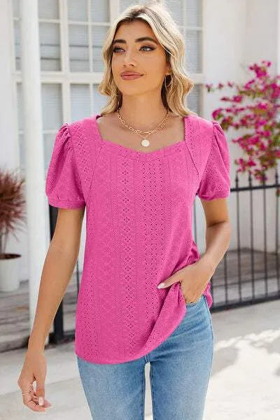 Eyelet Puff Sleeve T-Shirt Women's T-Shirts - Tophatter Daily Deals